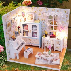 DIY Miniature Dollhouse Living Room Kit with Lights and Dust Cover