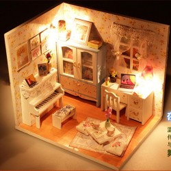 DIY Miniature Dollhouse Living Room Kit with Lights and Dust Cover