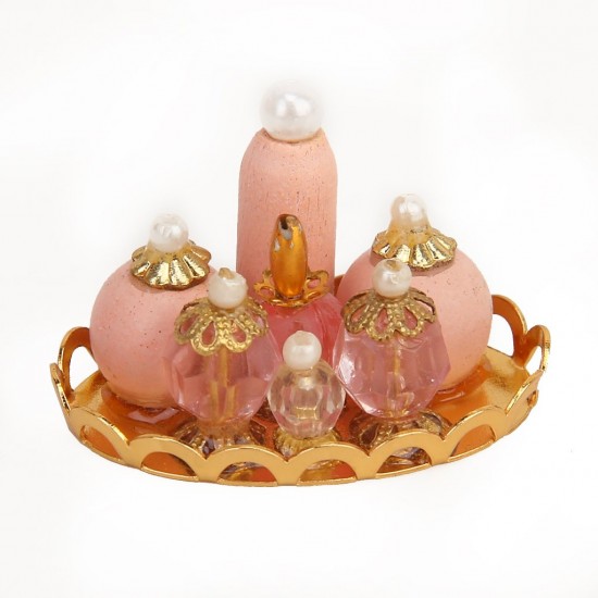 Pink Perfume Bottle with Golden Platter Pink Perfume Bottle with Golden Platter