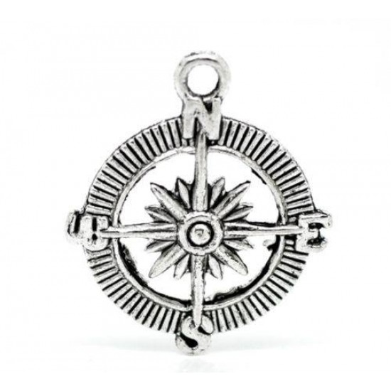 Silver Tone Compass Charm Pendants