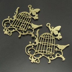 Antiqued Bronze Alloy Bird Cage Branch Butterfly