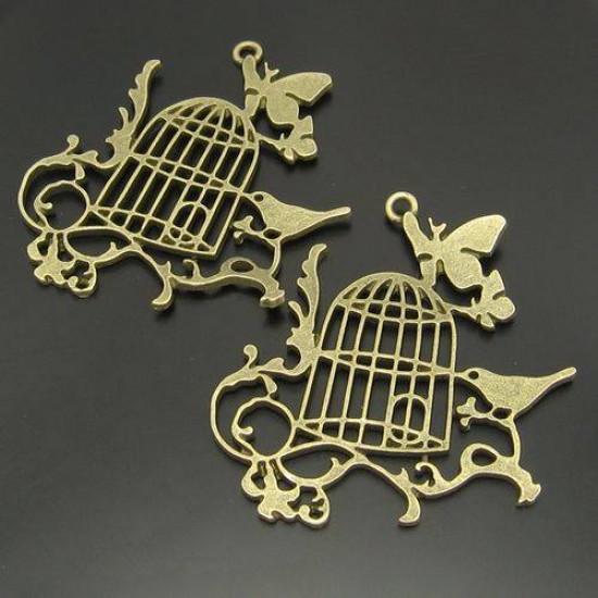 Antiqued Bronze Alloy Bird Cage Branch Butterfly