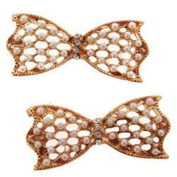 Gold Tone Hollow Faux Pearl Bowknot 