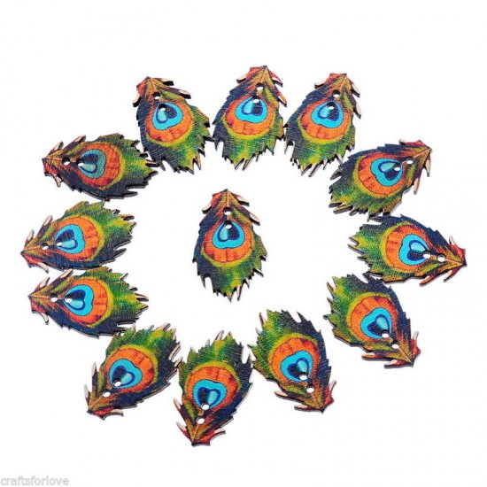 Peacock feather wood button 
