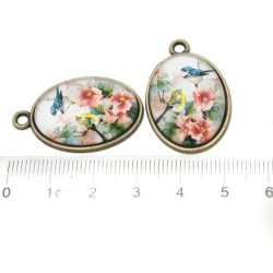 Vintage Bronze Colorful Flower&Birds Patterns Alloy Glass Pendant 