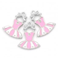 Silver Tone Enamel Pink White Dress