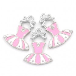 Silver Tone Enamel Pink White Dress