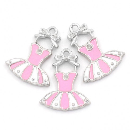 Silver Tone Enamel Pink White Dress